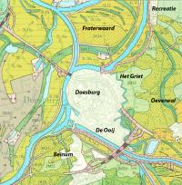 De geomorfologische kaart van Doesburg en omgeving. De rivieren de IJssel en de Oude IJssel hebben het landschap gevormd. De gebieden met stiparcering zijn de oeverwallen (3K23). Direct naast de rivieren zijn de uiterwaarden aangegeven met de code 3L15 en 3L16, oude geulen van de rivieren zijn met de code 2R11 aangegeven en de laaggegen komgronden zijn tenslotte met de code 2M22 aangegeven.